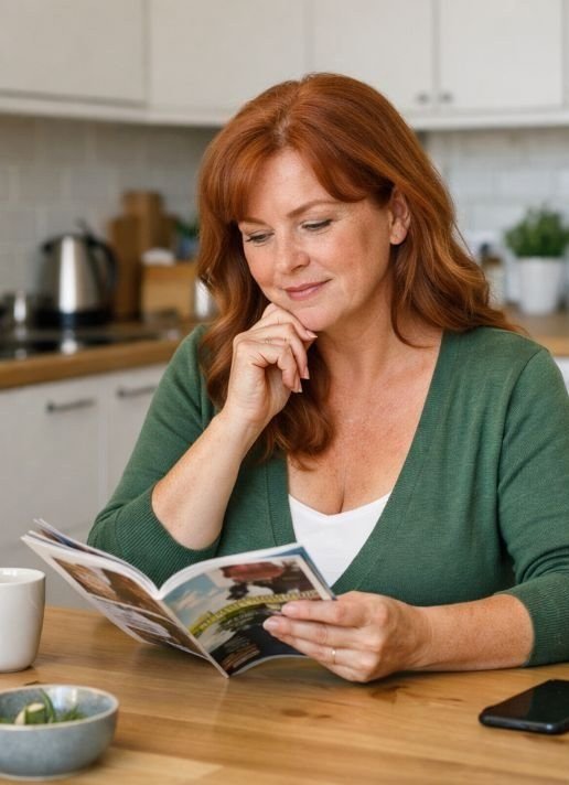A woman in her fifties reading a magazine comfortably at her kitchen table, no glasses in sight.